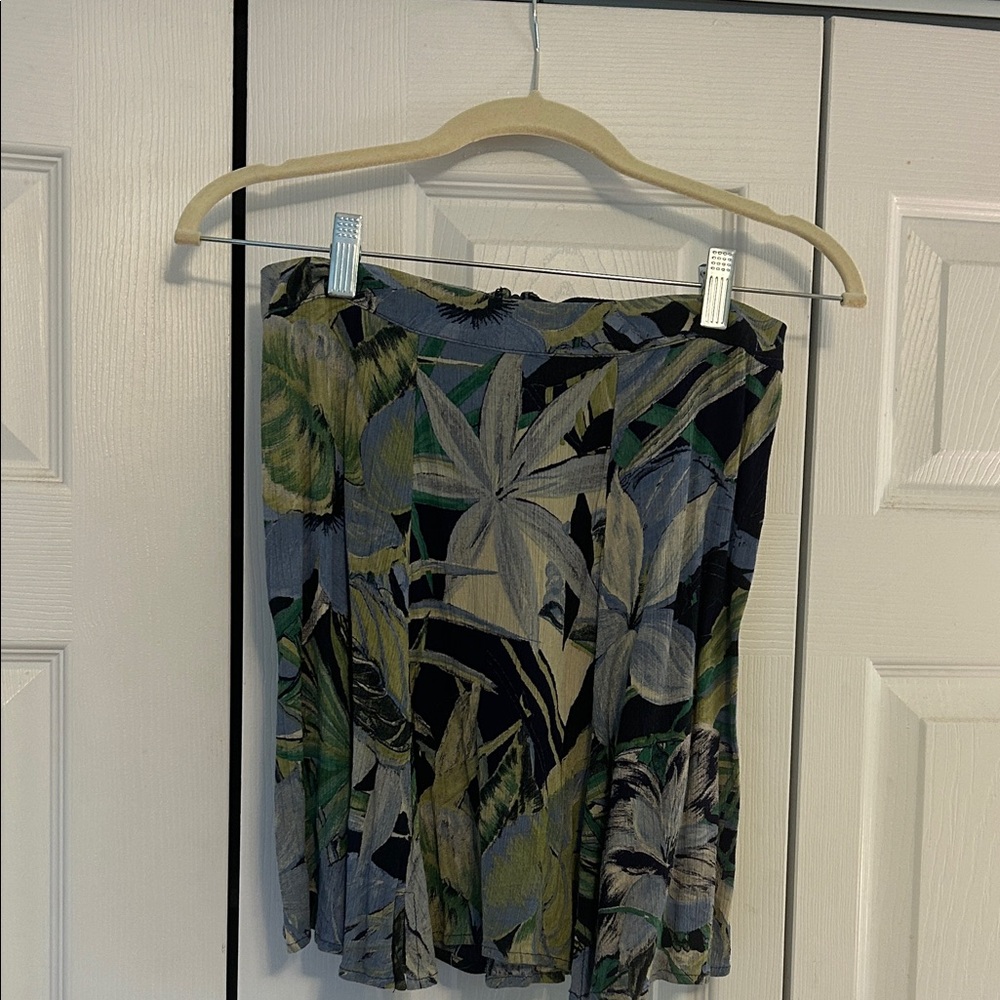 Reformation Green and Blue Leaf Print Skater Skirt